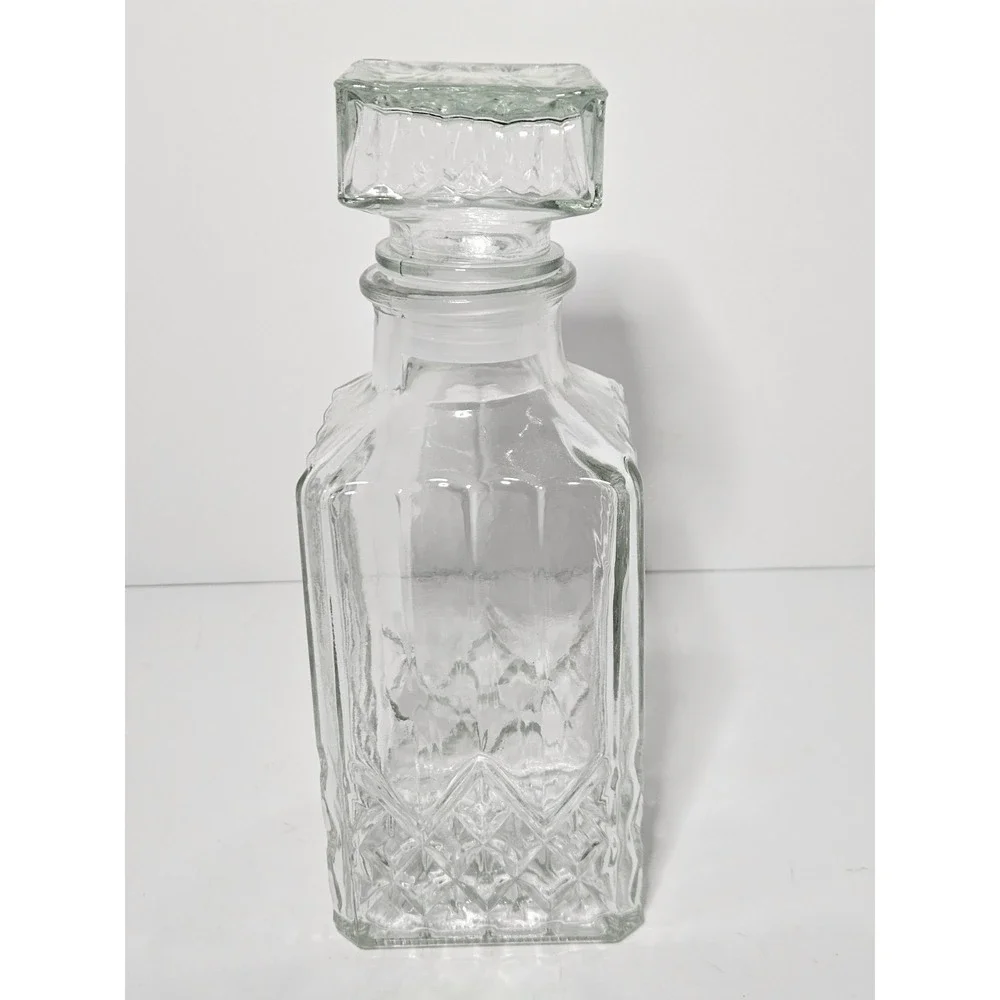 Vintage Glass Whiskey Decanter Square Diamond Cut Liquor Bourbon Bottle Stopper